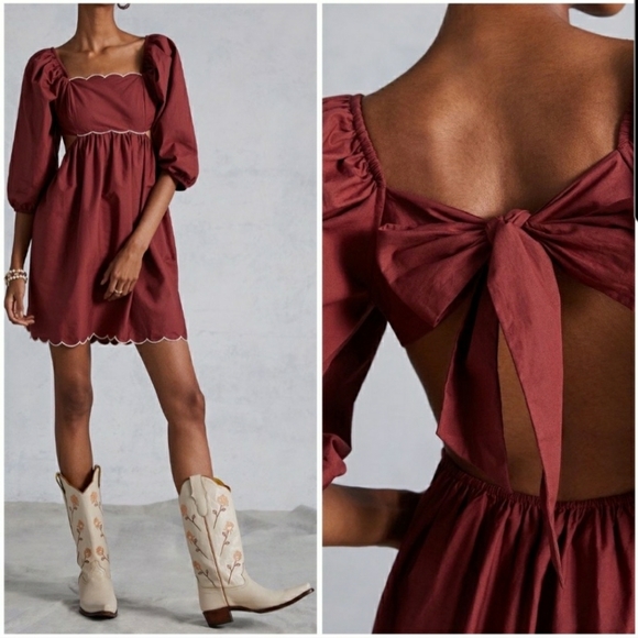 Anthropologie NWT Mini Dress Back Knot Cut-out Puff Sleeve Scallop Trim - Picture 2 of 6